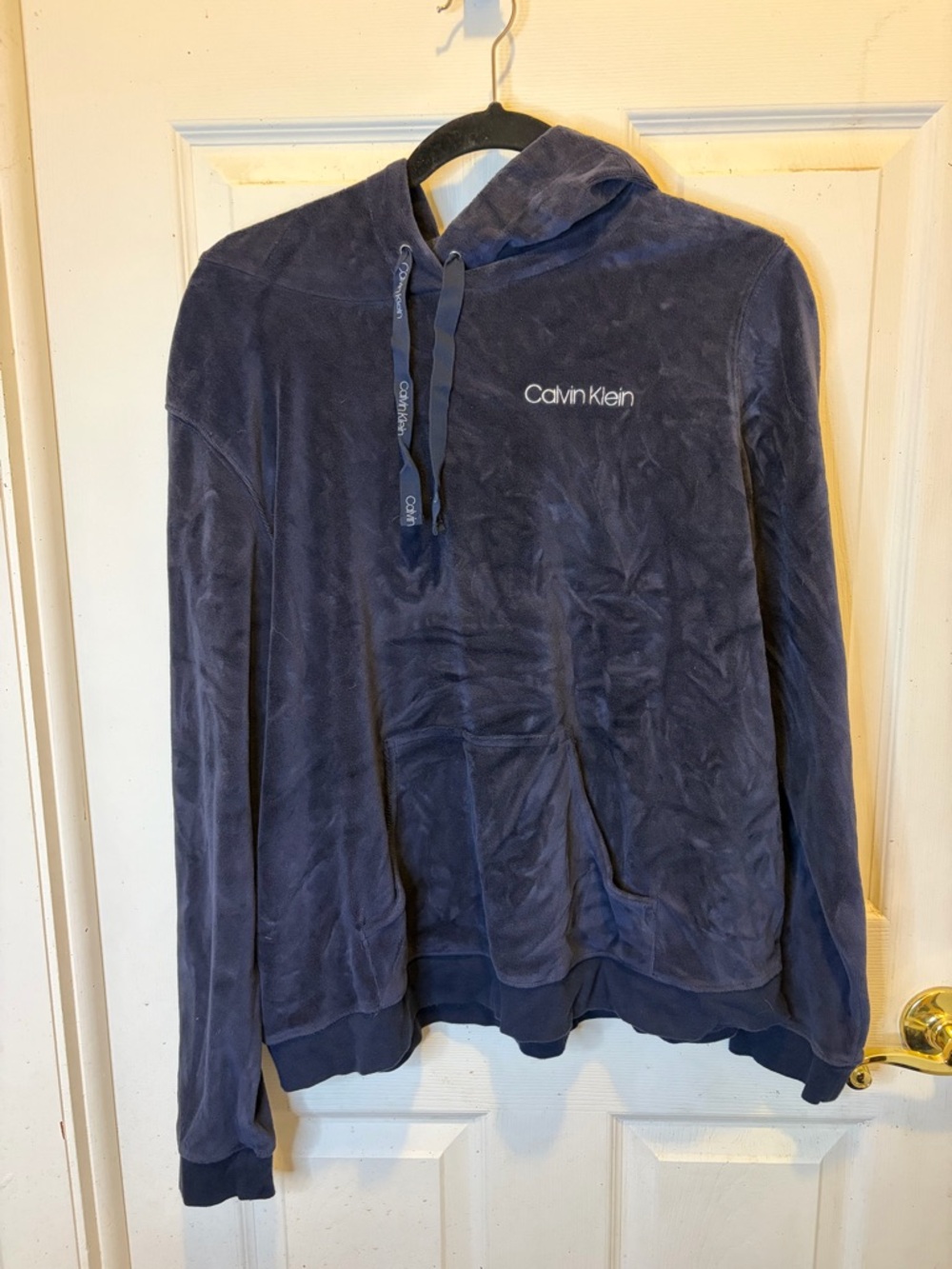 Calvin Klein Navy Velour Sleepwear Hoodie with Logo
